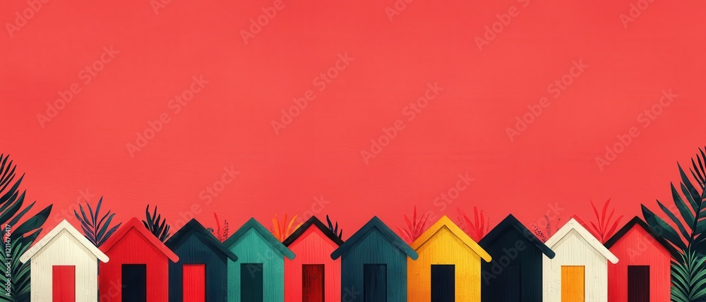 Poster a vibrant array of colorful houses against a bold red background, creating a lively and cheerful atm