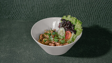Delicious Chicken Mayo with Fresh Salad Served in a White Bowl for a Creamy and Refreshing Meal.