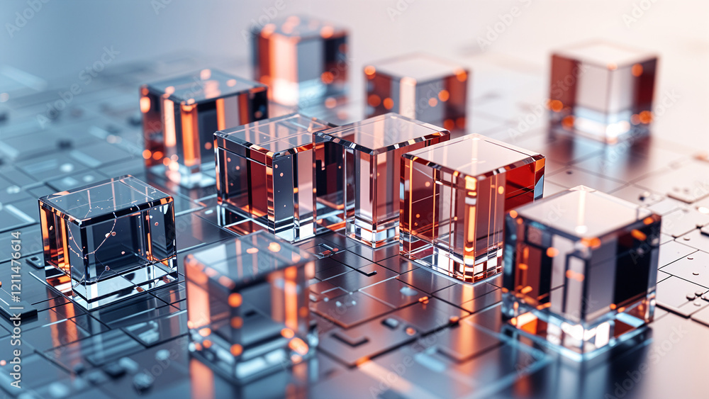 Poster technological transparent square crystals on background of circuit board lines . generative ai . gen