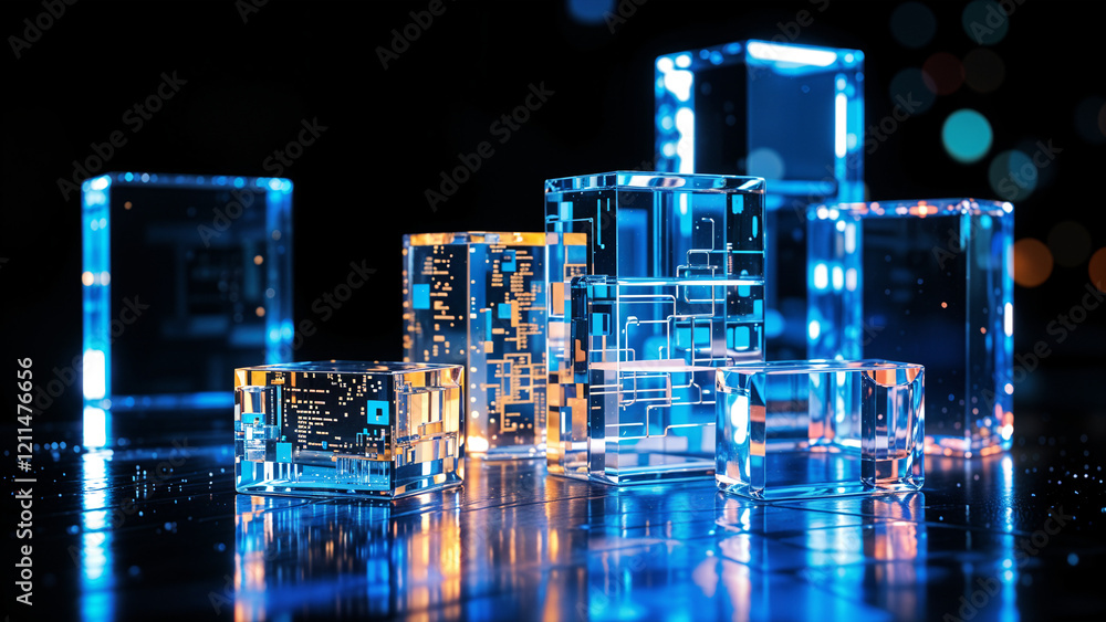 Poster technological transparent square crystals on background of circuit board lines . generative ai . gen