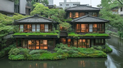 Obraz premium Serene Japanese Garden House: Tranquil Waterfront Residence