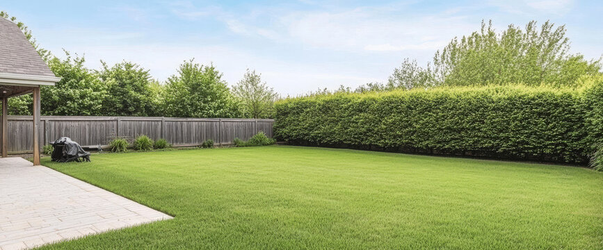Lush green backyard with manicured lawn and privacy hedges during a sunny day