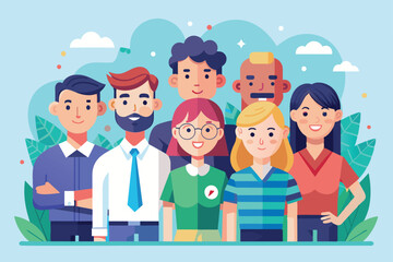 A group of seven diverse individuals smiling and working together in a vibrant, green setting Good team Customizable Flat Illustration