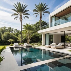 Fototapeta premium Modern Retreat Surrounded by Lush Landscaping.jpeg