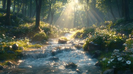 Fototapeta premium Sunlit stream flows through spring forest