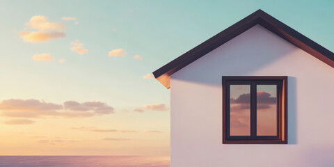 Beautiful sunset over coastal house with modern architecture and calm ocean view