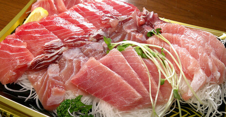 A close-up shot of cold tuna sashimi. Fresh seafood dishes.
