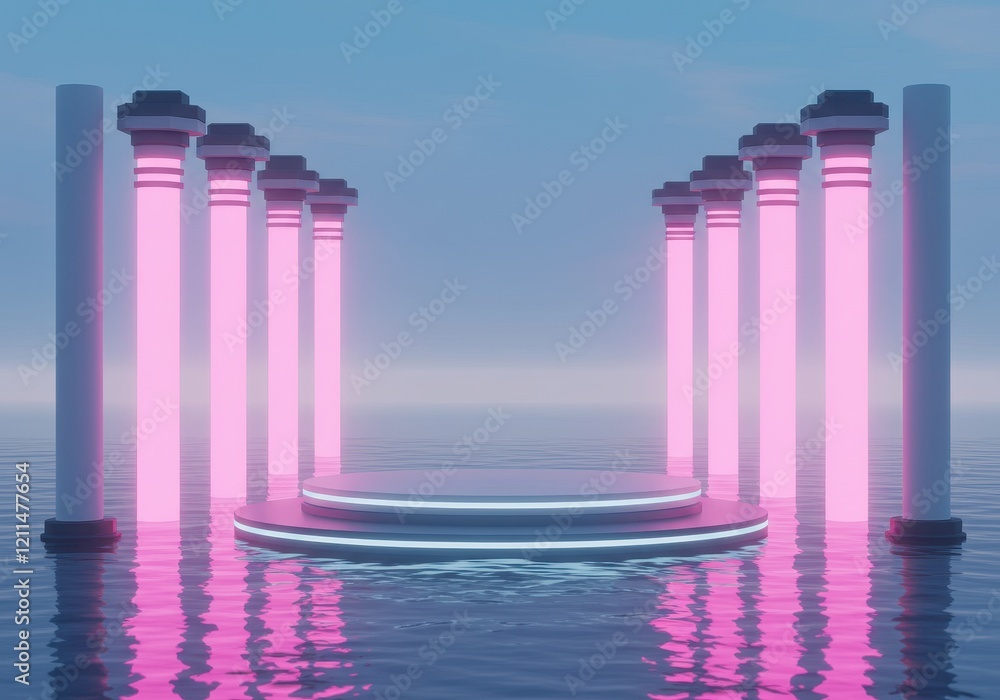 Poster a 3d illustration of a futuristic platform surrounded by vertical light columns in a reflective wate