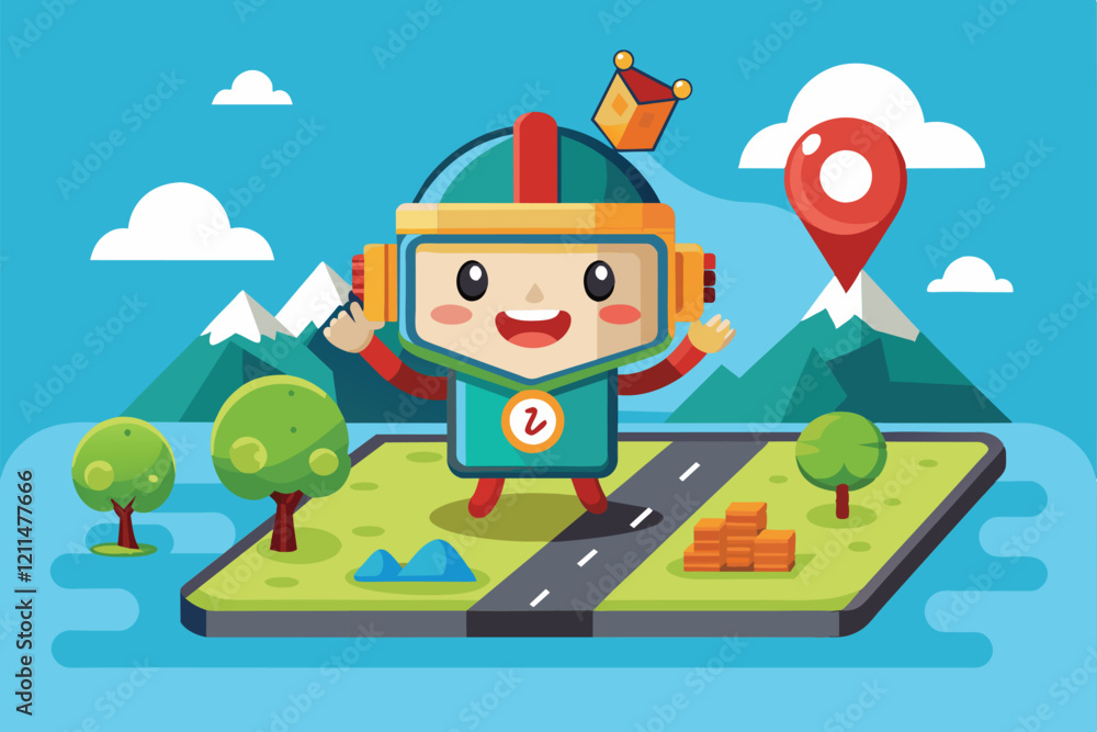 Poster a cheerful cartoon gps navigator character stands on a colorful map with trees and mountains around 