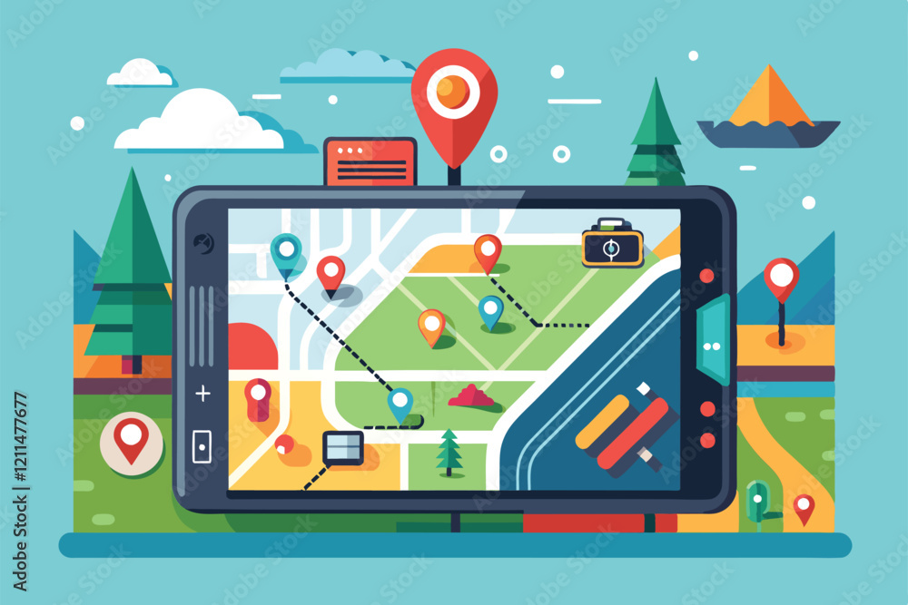 Poster a vibrant map on a gps navigator shows customizable routes and various landmarks in a playful design