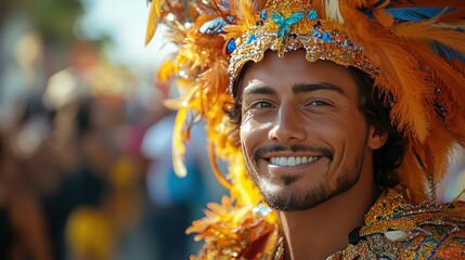 Smiling man in carnival costume, vibrant parade background