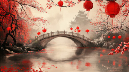 Peaceful river scene with cherry blossoms, lanterns, and moonlight, creating a serene atmosphere