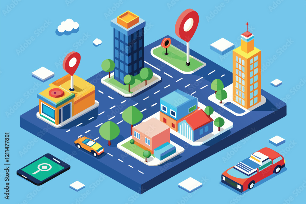 Poster a colorful isometric depiction of a city layout showcasing customizable gps navigation elements gps 
