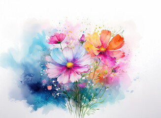 Obraz premium Vibrant cosmos flowers in watercolor style against a colorful, abstract background. The painting features soft, pastel hues and a dynamic splash effect.
