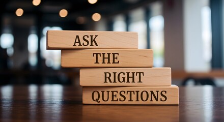 Four wooden blocks stacked on a dark surface read "ASK THE RIGHT QUESTIONS" in serif font. A blurred bright background highlights the clean, focused message about critical thinking and problem-solving