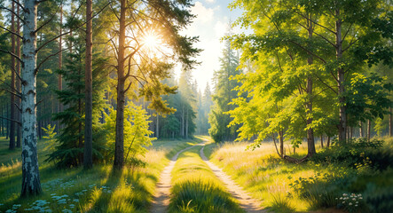 Obraz premium Watercolor summer landscape of Russian nature . Generative AI