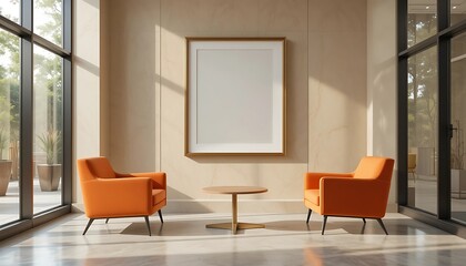Fototapeta premium Modern Orange Armchairs and Golden Framed Artwork in a Luxurious Lobby with Large Windows