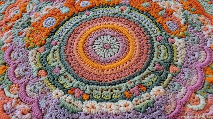 Colorful Circular Crochet Mandala Textile Artwork
