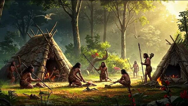 Primitive survival: displaying prehistoric life through the lens of primitive man, community, and the raw essence of early existence in a natural environment.