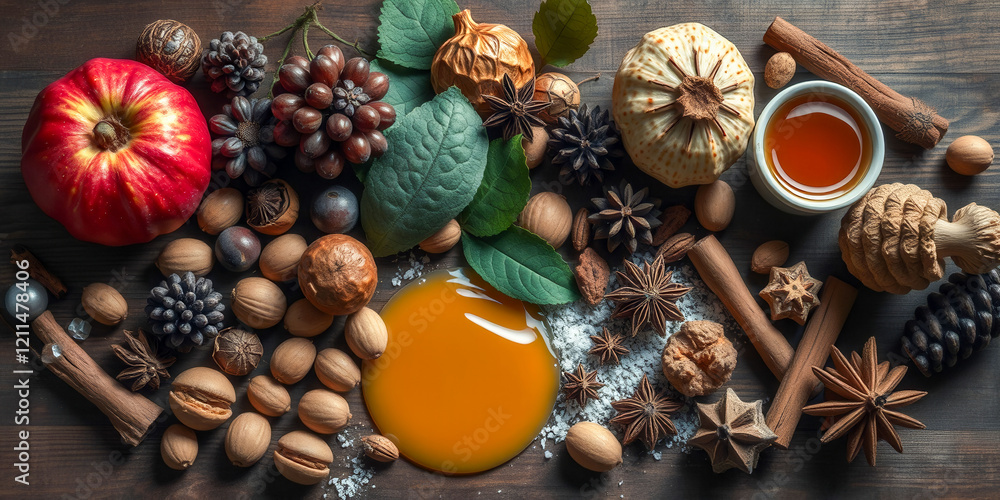 Poster a table full of various fruits and nuts, including oranges, apples, and walnuts. the table is covere