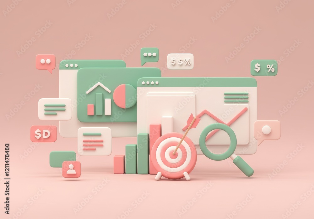 Poster a 3d illustration of a data dashboard concept including bar charts, a target with an arrow, graphs a