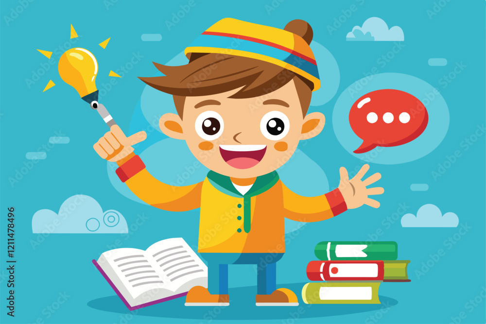 Poster a joyful child holding a lightbulb idea and surrounded by grammar books and speech bubbles grammar c
