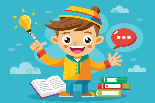 A joyful child holding a lightbulb idea and surrounded by grammar books and speech bubbles Grammar correction Customizable Cartoon Illustration
