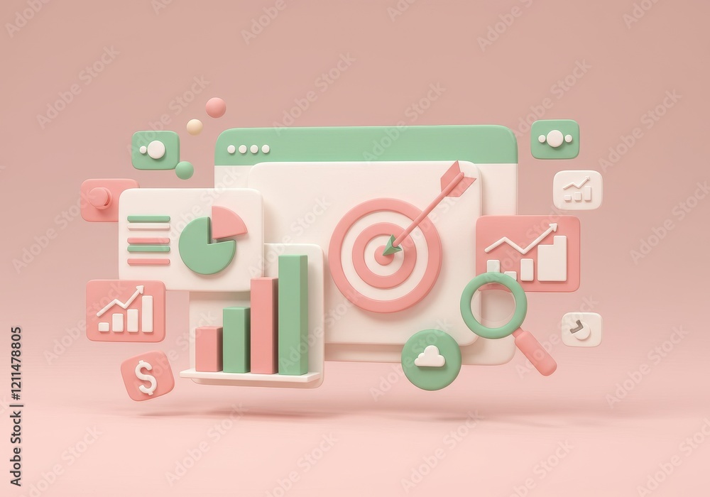 Poster a 3d illustration of a data dashboard concept including bar charts, a target with an arrow, graphs a