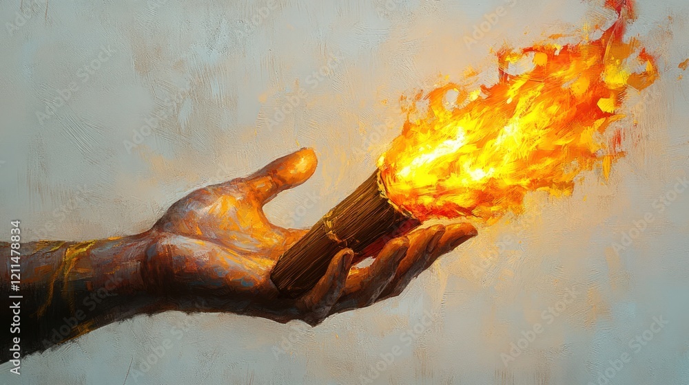 Canvas Prints Hand holds flaming torch; vibrant artwork.