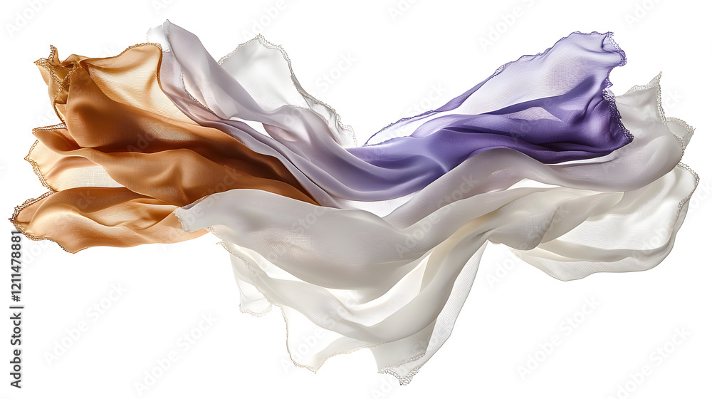 Poster a circular flag with overlapping wave patterns in soft tones of sky blue, lavender, and gold, arrang