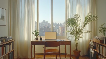 Fototapeta premium Minimalist home office with a desk, chair, and potted plant, serene workspace 