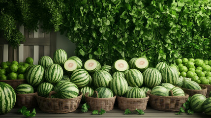 Watermelon Harvest: A bountiful harvest of ripe watermelons, nestled in rustic baskets against a backdrop of lush greenery.