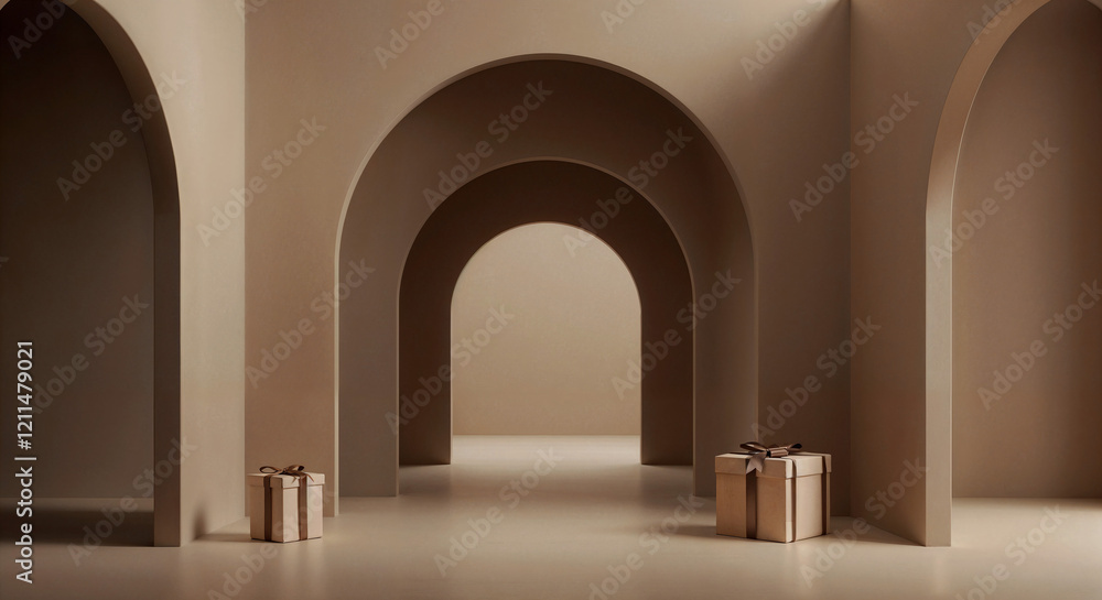 Poster abstract gallery background with geometric shapes with space for product presentation in color of the year mocha mousse . Generative AI