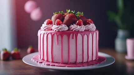 Strawberry cake. Delicious homemade cake with fresh berries. Beautiful cake with red, pink and white cream. Red velvet cake decorated with strawberries. Selective focus