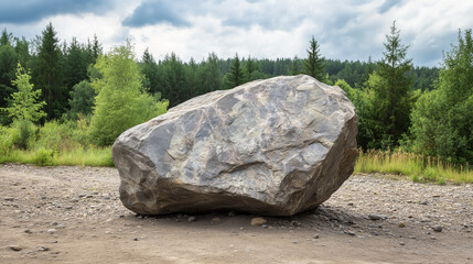 Boulder in Forest Clearing: A massive, grey boulder rests in a clearing amidst a backdrop of lush green forest, conveying a sense of natural power and resilience.