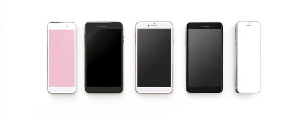 Set of five smartphones gold, rose, silver and black - blank screen and isolated on white background, high resolution, deitailed. Template, mockup., Generative AI