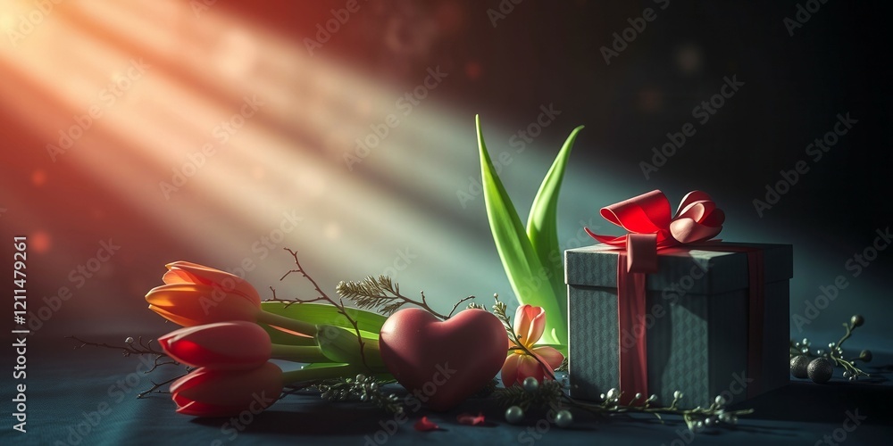 Poster a bouquet of pink tulips sits on a table next to a small box. the flowers are arranged in a way that