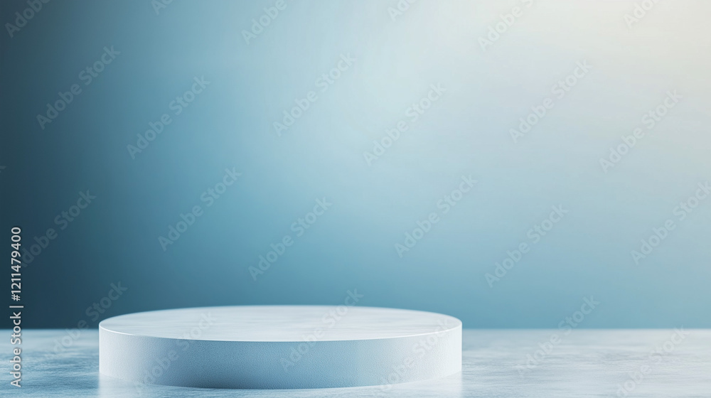 Poster minimalist product display: a sleek, circular podium sits on a textured surface, bathed in soft blue