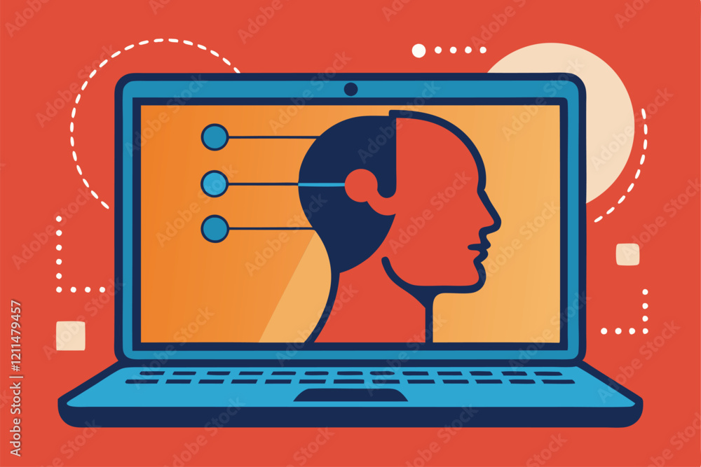 Poster a digital illustration shows a laptop with a human profile and abstract connection points on the scr