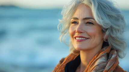 Smiling mature woman on seaside close up portrait.