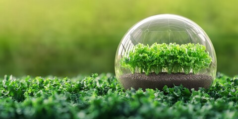 Food security investments. A miniature garden encapsulated in a glass dome on green grass.