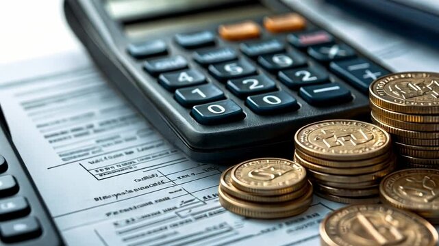 Financial Planning Close-up: A calculator, stacks of gold coins, and a partially visible tax form create a compelling image of financial planning and management.