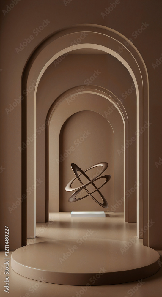 Poster abstract gallery background with geometric shapes with volumetric abstract figure in center in color