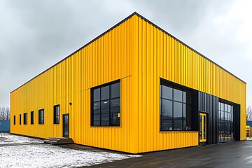 Fototapeta premium Modern yellow and black industrial building exterior with corrugated metal siding and large windows on a cloudy winter day.