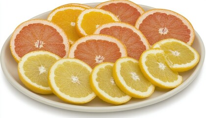 Sliced citrus fruits on plate, studio shot, white background, healthy food.