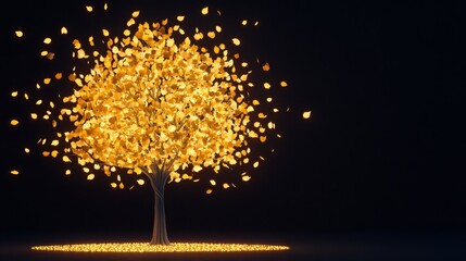 Bright Yellow Tree with Falling Leaves against Dark Background