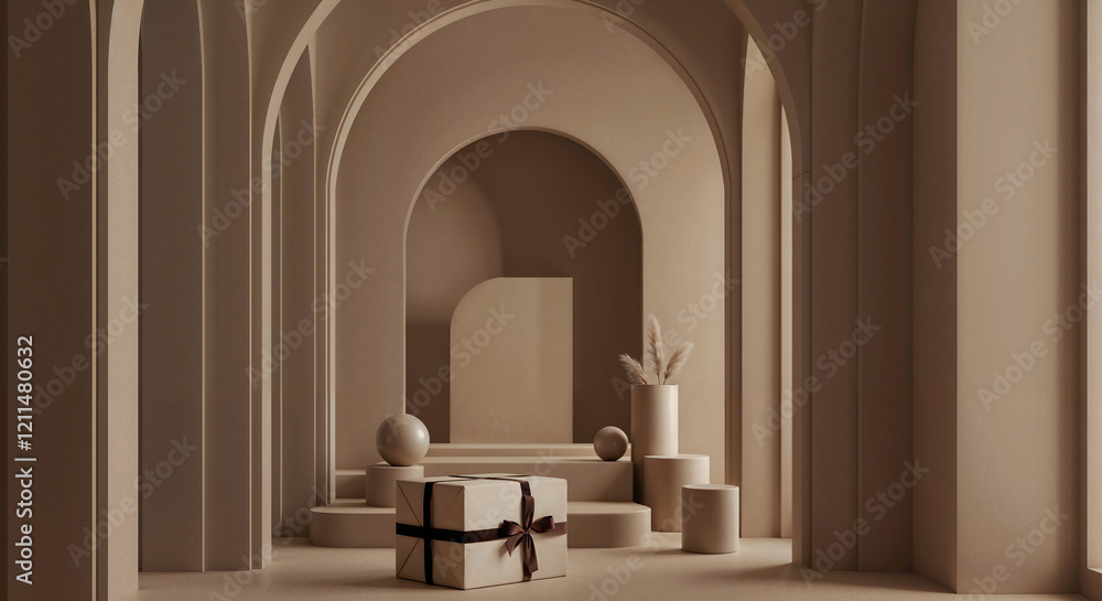 Poster abstract gallery background with geometric shapes with volumetric abstract figure in center in color