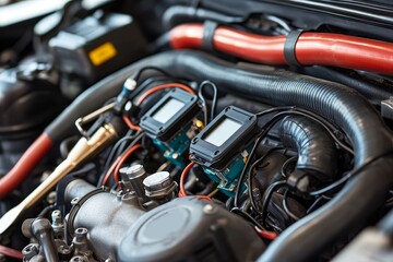 Mechanics repair diagnostics adjustment. Close-up of a car engine with electronic components and red tubing.