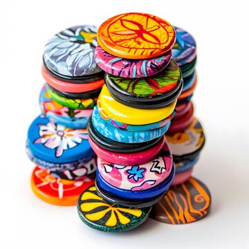 A stack of Pogs with colorful designs