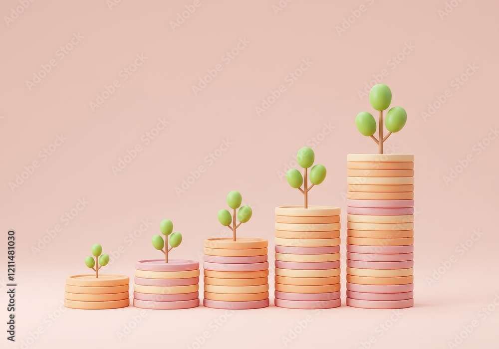 Poster a 3d illustration of stacks of coins arranged from smallest to largest with small trees growing on t